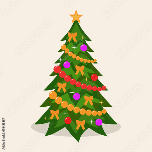 Decorated christmas tree.  Vector illustration. Flat design