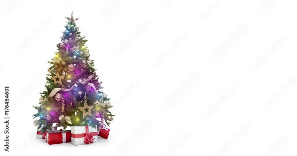 Looping  multi colorful lights decorated xmas tree with gift boxes on white background with text space to place logo or copy. Animated abstract Christmas present greeting post card. 4k loop video