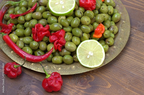 Pickled olives with pepper. Spicy appetizer.