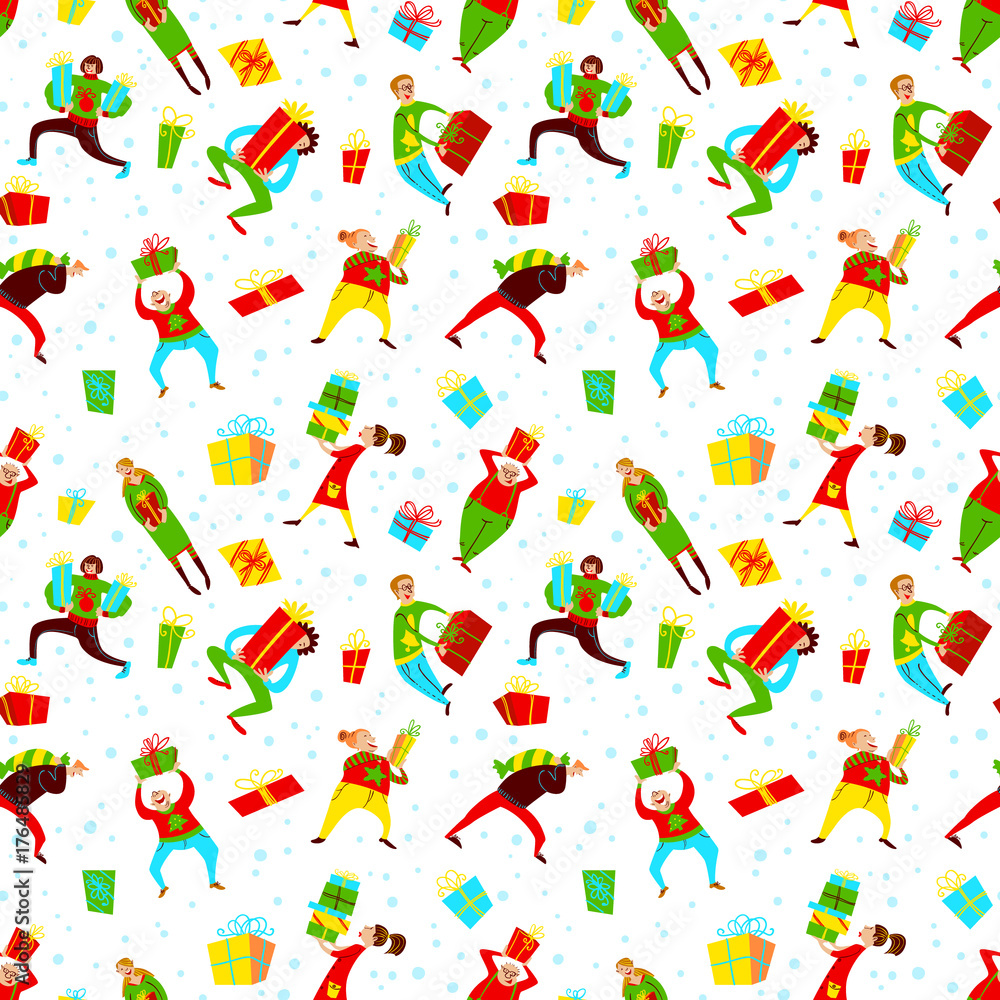 Christmas seamless pattern with shopping people. Winter background with gifts