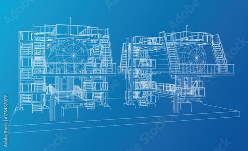 Wire-frame Oil and Gas industrial equipment. Tracing illustration of 3d.