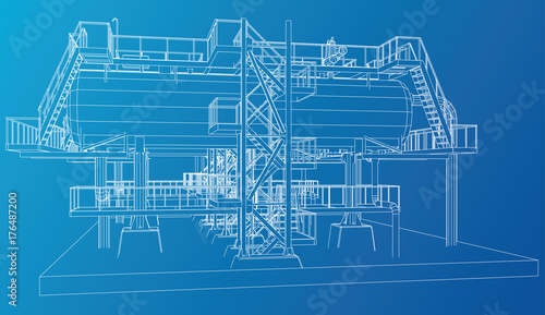 Wire-frame Oil and Gas industrial equipment. Tracing illustration of 3d.