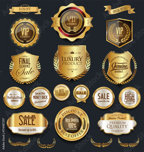 Gold and silver shields laurel wreaths and badges collection 