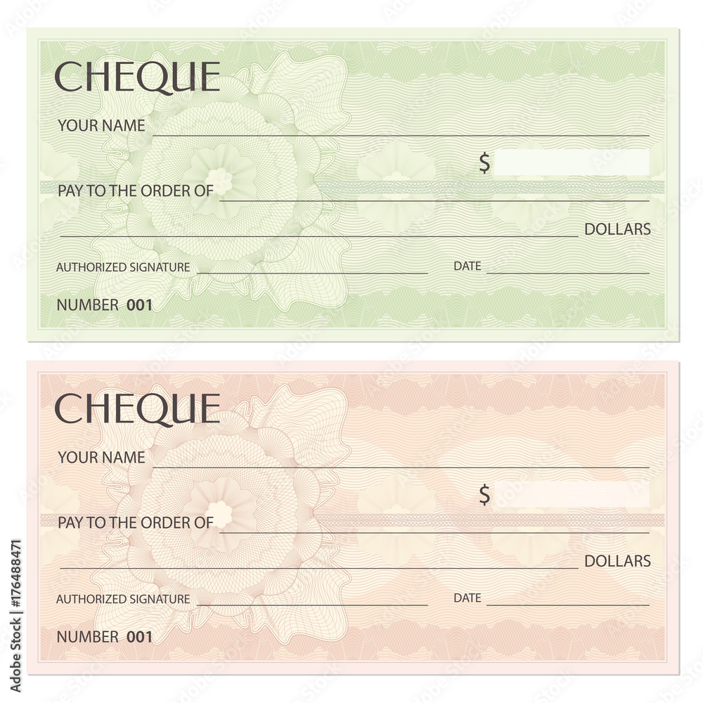 Check (cheque), Chequebook template. Guilloche pattern with watermark ...