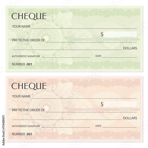 Check (cheque), Chequebook template. Guilloche pattern with watermark, spirograph. Background for banknote, money design, currency, bank note, Voucher, Gift certificate, Coupon, ticket