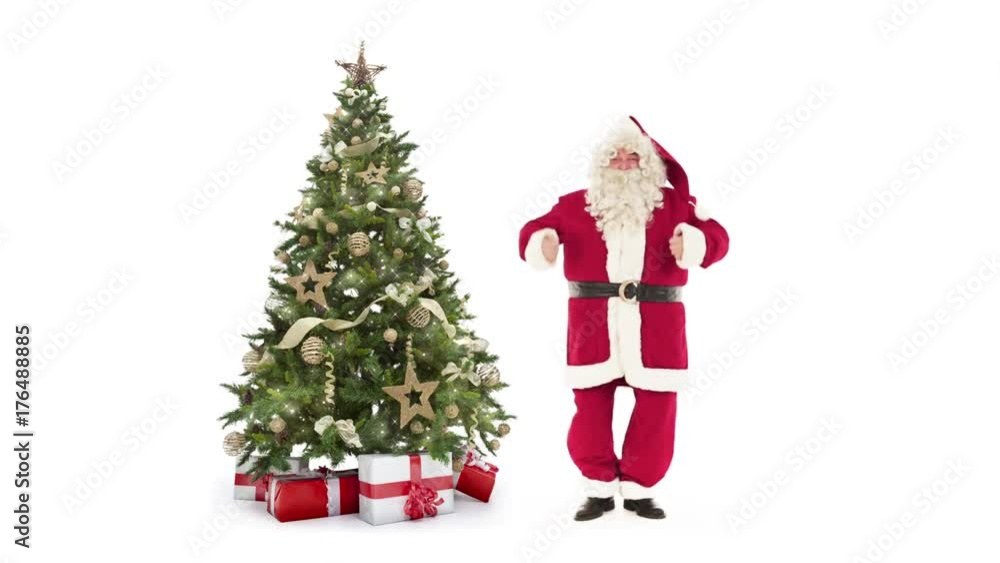 Lights decorated xmas tree with gift boxes and Santa Claus happy dancing on white background with text space to place logo or copy.Animated Christmas present greeting post card video Lights decorated xmas tree with gift boxes and Santa Claus happy dancing on white background with text space to place logo or copy.Animated Christmas present greeting post card video