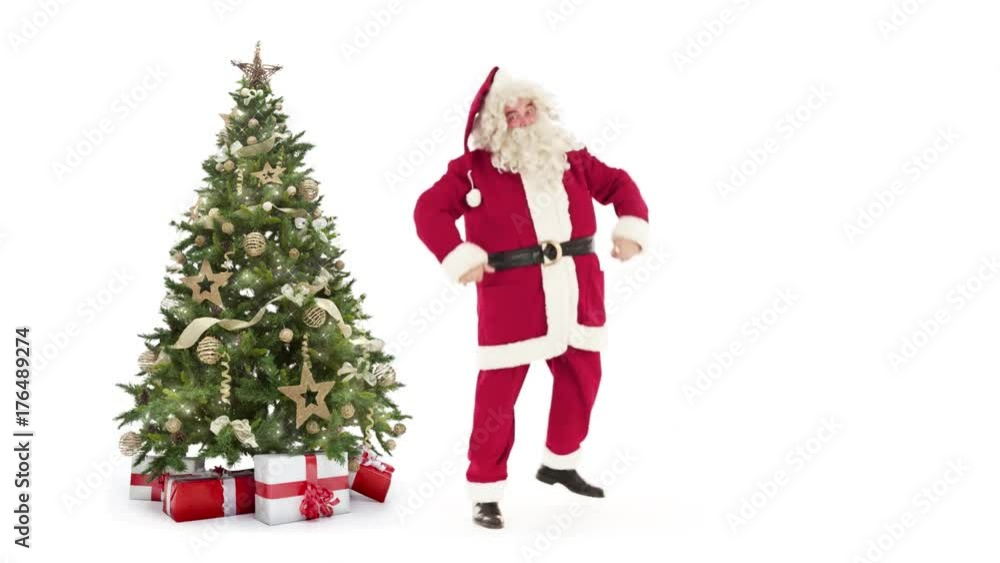 Lights decorated xmas tree with gift boxes and Santa Claus running,waving and exiting on white background with text space to place logo or copy.Animated Christmas present greeting post card video Lights decorated xmas tree with gift boxes and Santa Claus running,waving and exiting on white background with text space to place logo or copy.Animated Christmas present greeting post card video