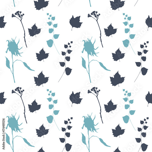 Floral vector seamless pattern with wild flowers, platan or maple and ivy leaves and twigs with berries.
