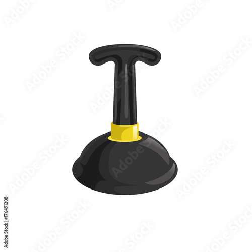 Cartoon simple gradient rubber black plunger with plastic handle. Cleaning vector illustration.