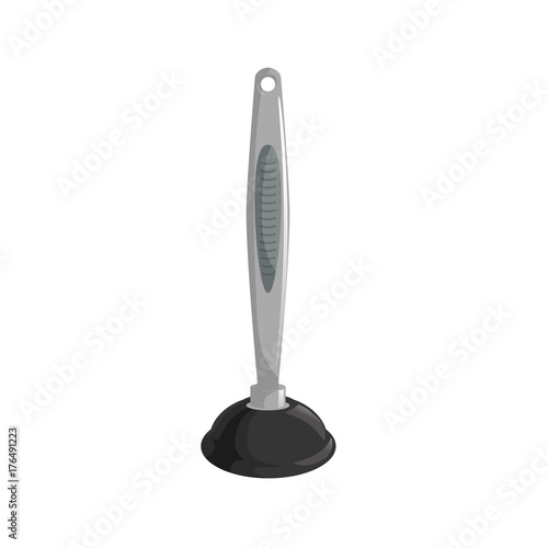 Cartoon simple gradient rubber black plunger with plastic gray handle. Cleaning vector illustration.