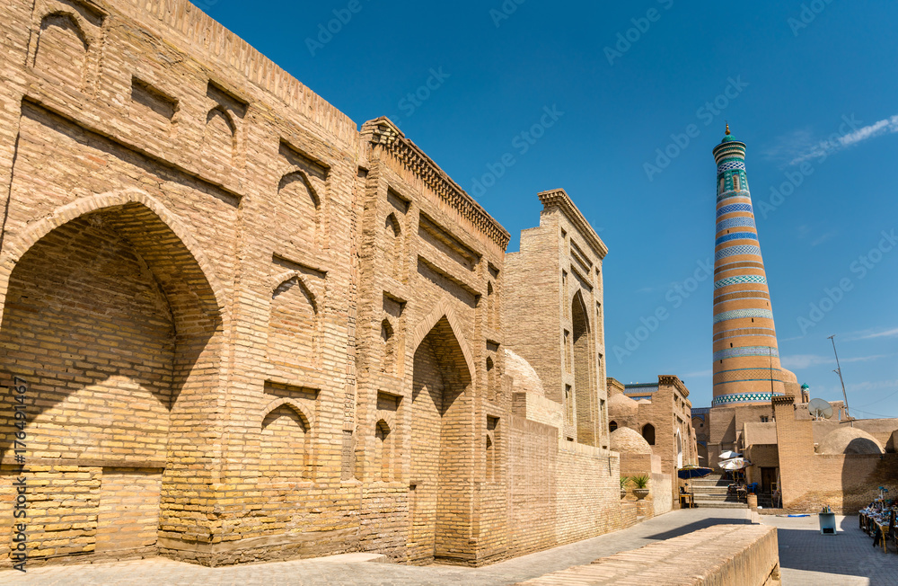 Historic buildings at Itchan Kala fortress in the historic center of Khiva. UNESCO world heritage site in Uzbekistan