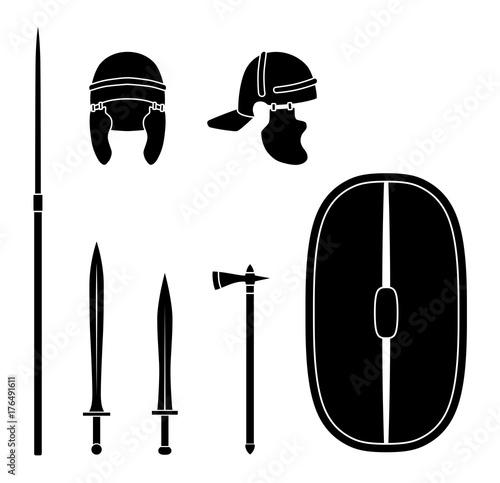 Set of ancient roman weapon and protective equipment. Spear, sword, gladius, shield, axe, helmet. Warrior outfit Vector illustration