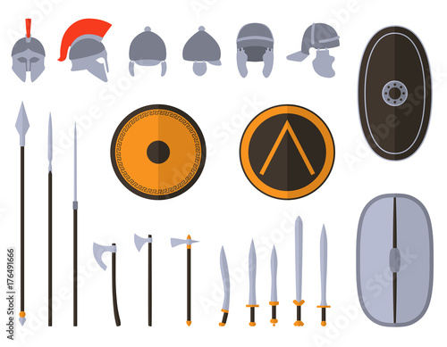 Set of ancient weapon and protective equipment. Spear, sword, gladius, shield, axe, helmet. Warrior outfit Vector illustration