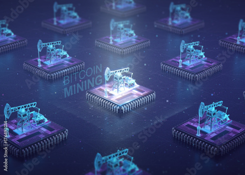 Computer Circuit Board with muliple asic chips and oil pump jacks on top of cpu. Blockchain Cryptocurrency Mining Concept. 3D render Illustration. photo