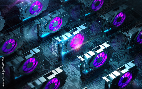 abstract cyber space with multiple gpu videocards farm. Blockchain Cryptocurrency Mining Concept. 3D render photo