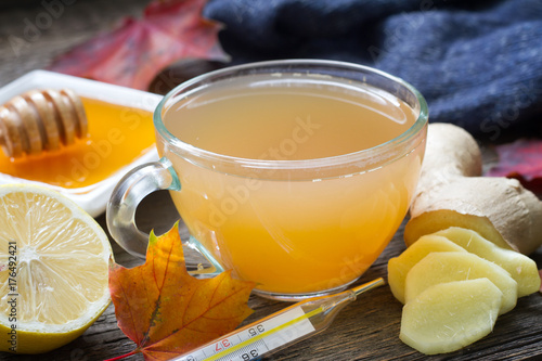 Ginger tea infusion with lemon and honey immunity on flu cold concept
