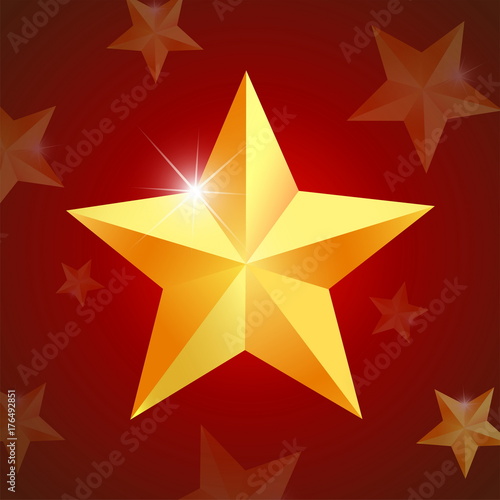 illustration vector star for decorative background and celebration party christmas,golden star bright shiny float isolated on red background