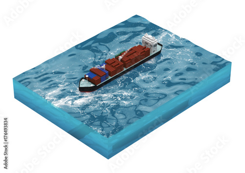 container cargo ship on section of sea, water carriage and maritime transport, Ship, boat, vessel, render for infographic. isolated