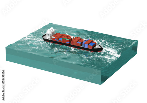container cargo ship on section of sea, water carriage and maritime transport, Ship, boat, vessel, render for infographic. isolated