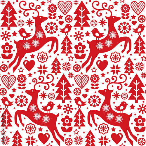 Christmas folk red seamless vector pattern, Scandinavian folk art, reindeer, birds and flowers decoration, wallpaper

