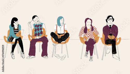 Five people sitting on chairs in a row photo