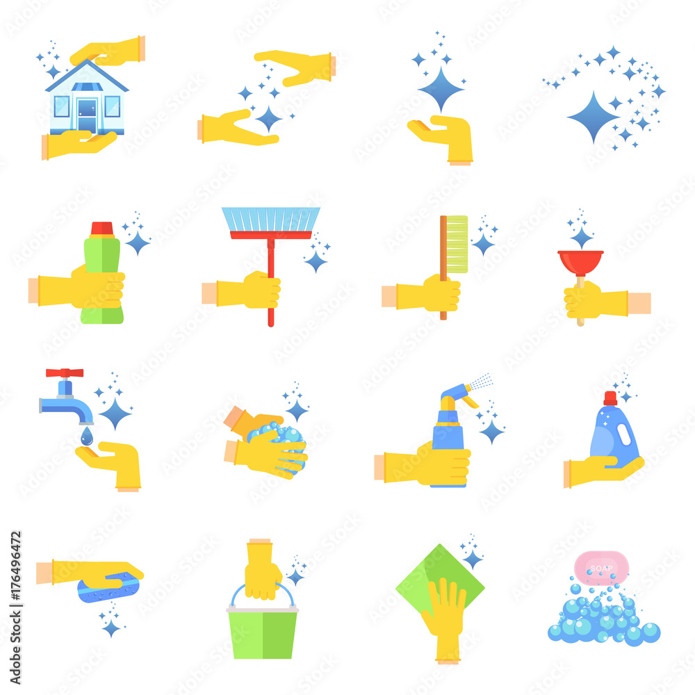 Clean flat vector icons set. Collection of cleaning tools in hand. Housework supplies packaging, colorful domestic clean hygiene kitchenware concept illustration. Objects isolated on white background.