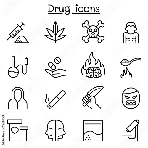 Addiction & Drug icon set in thin line style