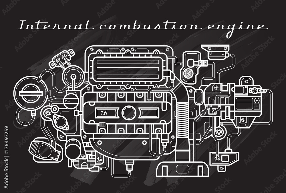 Internal combustion engine. Chalkboard. Vector. Isolated