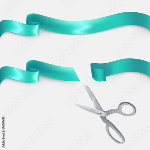 Whole and cut with scissors on two pieces turquoise silk or satin ribbon realistic vector illustration isolated on white background. Grand opening, start-up beginning, event celebrating design element