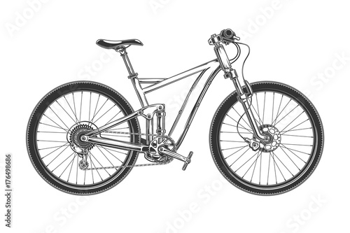 Sport race bicycle with fat tiers, hydraulic disc brake and rear suspension engraved vector illustration isolated on white background. Downhill enduro bike for outdoor, off-road, cross-country biking