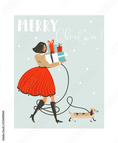 Hand drawn vector abstract fun Merry Christmas time cartoon illustration greeting card with girl in dress,dog and many surprise gift boxes on sleigh isolated on blue background