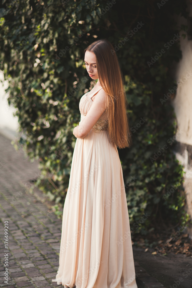 Beautiful girl with long hair posing near tree in vavel Krakow
