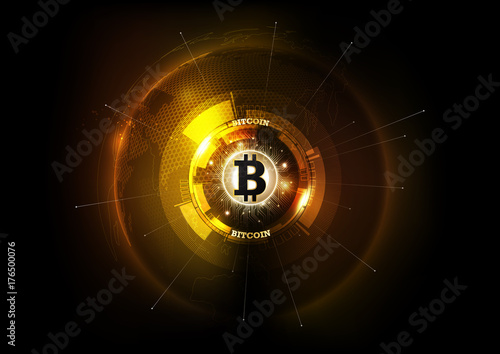 Golden bitcoin digital currency and world globe hologram, futuristic digital money and technology worldwide network concept, vector illustration