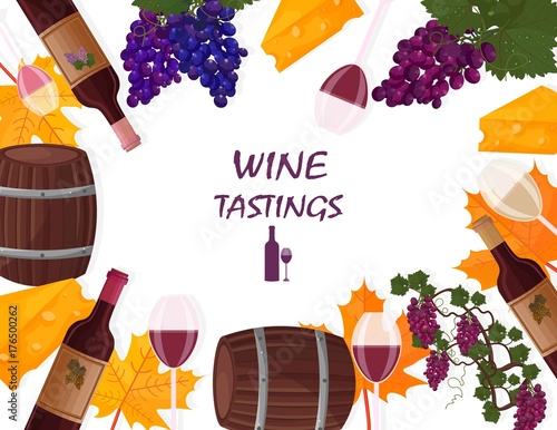 Wine tasting card Vector. Wine bottles and wine barrel autumn themes