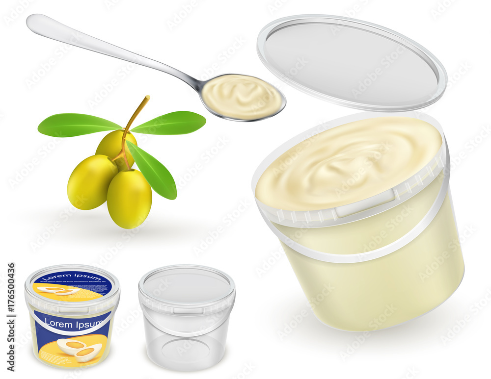 Branded and blank, empty and with mayonnaise, sour, cream, yogurt, cottage cheese, sauce, ice cream plastic buckets, spoon and olives realistic vector template set. Food product packaging mockup Branded and blank, empty and with mayonnaise, sour, cream, yogurt, cottage cheese, sauce, ice cream plastic buckets, spoon and olives realistic vector template set. Food product packaging mockup
