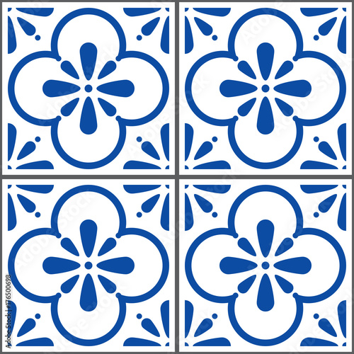 Azulejos vector tiles pattern, Portuguese seamless blue tiles design, Geometric ceramics
