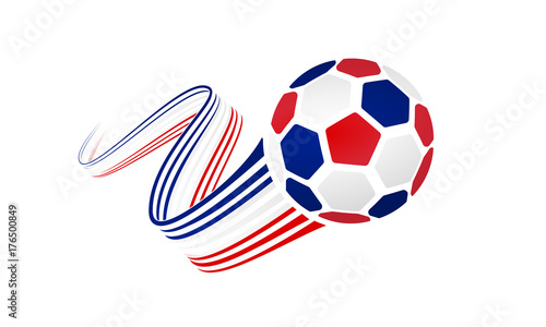 French soccer ball isolated on white background with winding ribbons on blue, white and red colors