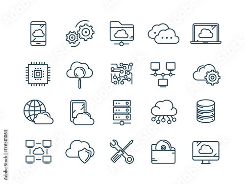 Cloud omputing. Internet technology. Online services. Data, information security. Connection. Thin line web icon set. Outline icons collection.Vector illustration.