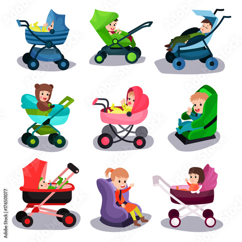 Baby strollers and car seats set, safety transporting of small children with comfort cartoon vector illustrations