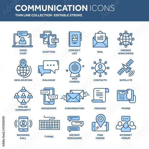 Communication. Social media. Online chatting. Phone call, app messenger. Mobile,smartphone. Computing.Email. Thin line blue web icon set. Outline icons collection. Vector illustration.