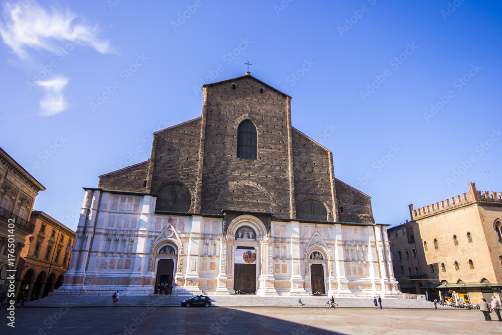 The Basilica of San Petronio, main church of Bologna, Emilia Romagna, northern Italy, dominating Piazza Maggiore. Tenth-largest church in the world by volume