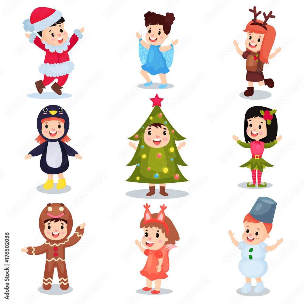 Cute little kids wearing Christmas costumes set, happy children in costumes of Elf, snowman, Santa Claus, Christmas tree, snowflake, gingerbread, squirrel, penguin cartoon vector illustrations Cute little kids wearing Christmas costumes set, happy children in costumes of Elf, snowman, Santa Claus, Christmas tree, snowflake, gingerbread, squirrel, penguin cartoon vector illustrations