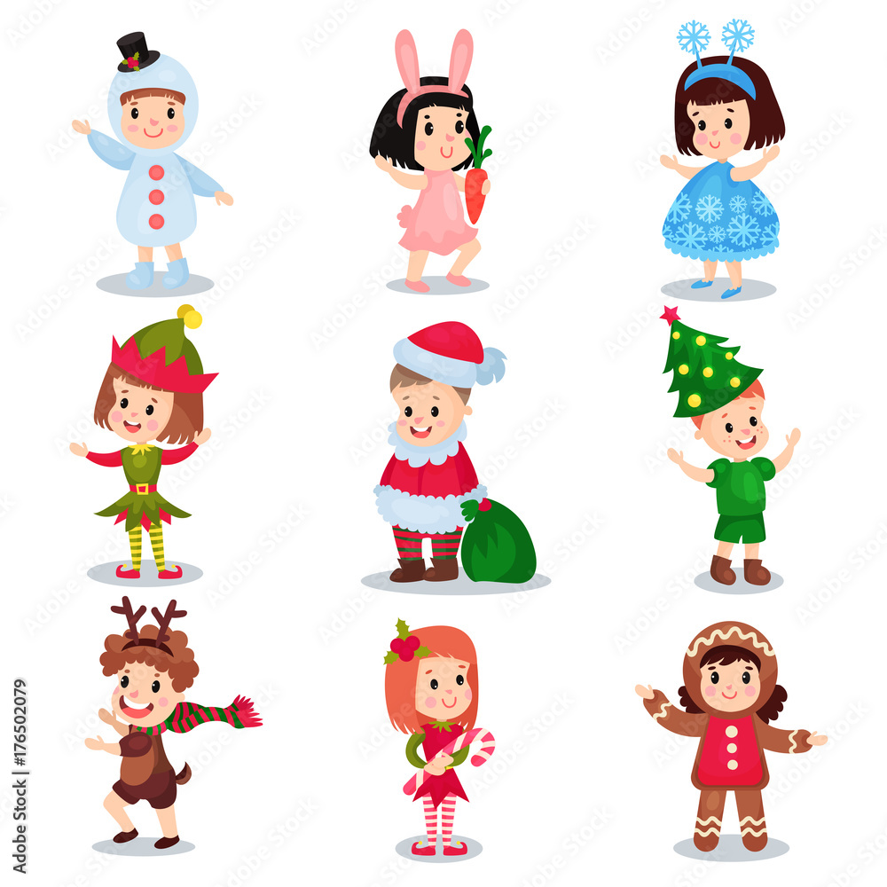 Cute little kids wearing Christmas costumes set, happy children in costumes  of Elf, snowman, reindeer, Santa Claus, Christmas tree, snowflake,  gingerbread, bunny cartoon vector illustrations Stock Vector | Adobe Stock