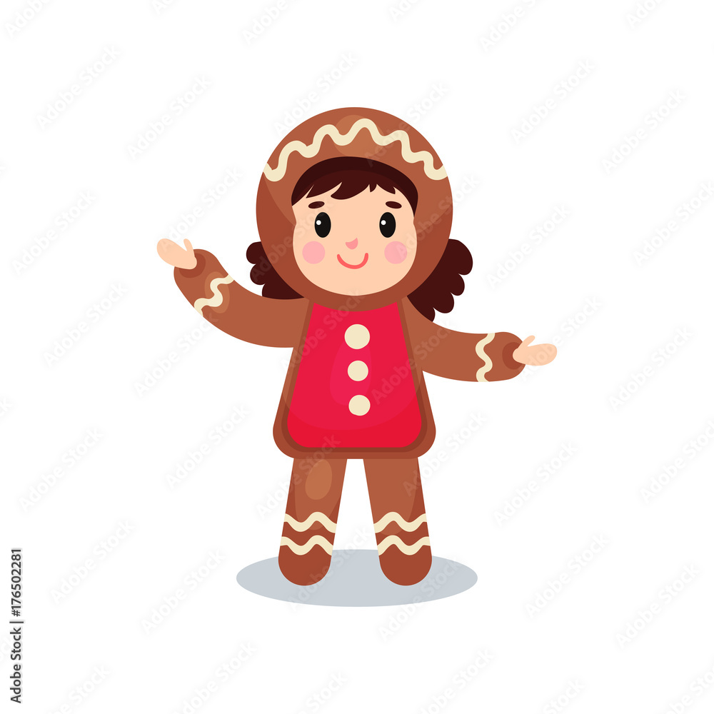 Cute little girl in the costume of Gingerbread, kid in festive fancy dress cartoon vector illustration