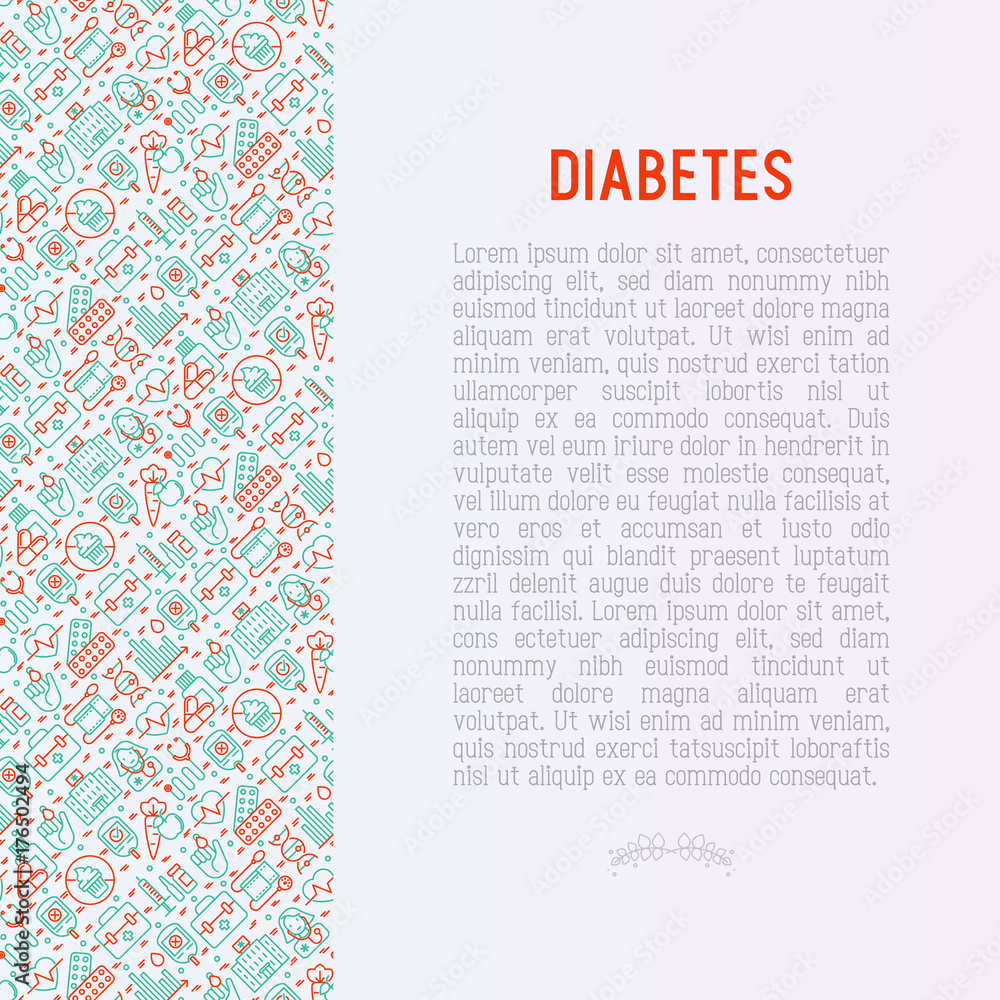 Fototapeta premium Diabetes concept with thin line icons of symptoms and prevention care. Vector illustration for background of medical survey or report, for banner, web page, print media.