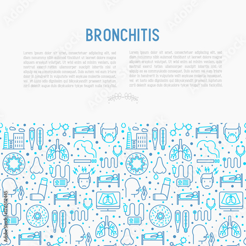 Bronchitis concept with thin line icons of symptoms and treatments: headache, alveolus, inhaler, nebulizer, stethoscope, thermometer, x-ray, bed rest. Vector illustration.