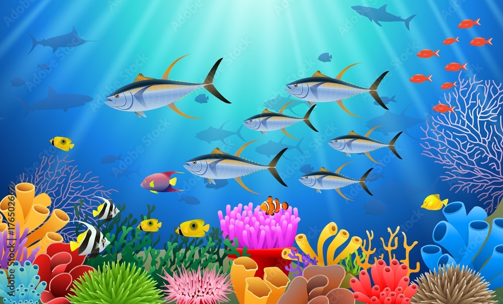 Naklejka premium Colorful coral reef with tuna fish and stone arch on a blue sea background. Vector Illustration.