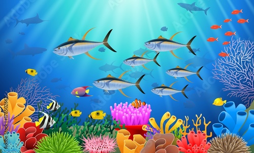 Colorful coral reef with tuna fish and stone arch on a blue sea background. Vector Illustration. © ajibon