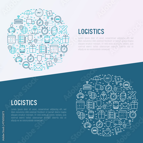 Logistics concept in circle with thin line icons of delivery, box, airplane, train, marine, crane, globe with pointer. Vector illustration for banner, web page, print media.