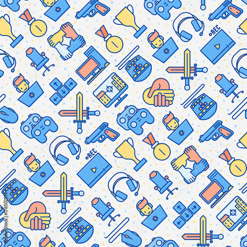 Video game seamless pattern with thin line icons: gamer, computer games, pc, headset, mouse, game controller. Modern vector illustration for banner, web page, print media.